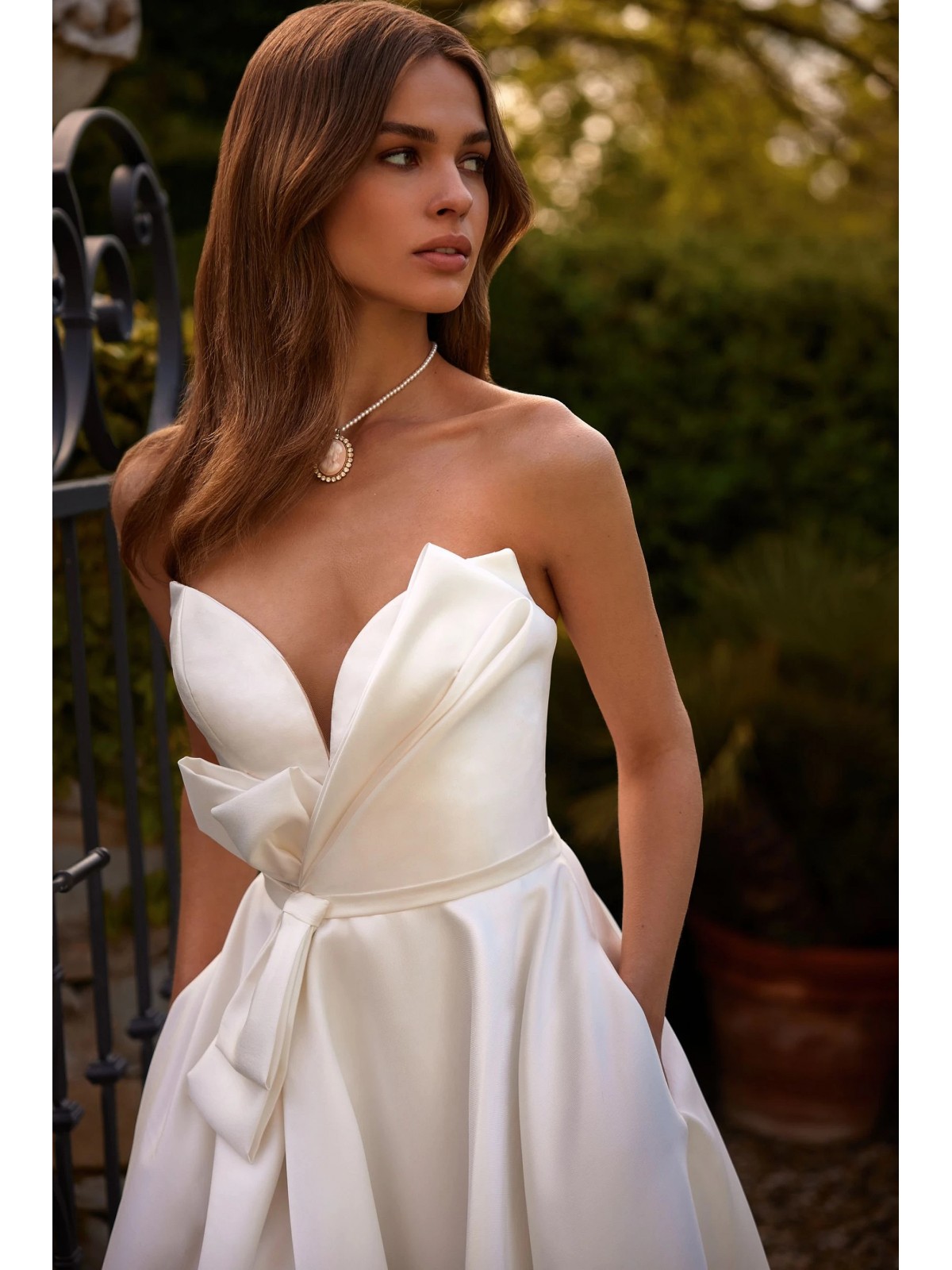 Luxury Wedding Dress - A-line V-Nneck Mikado with Diagonally Bow and Hidden Pockets - Paradisea - LDK-08310.00.00